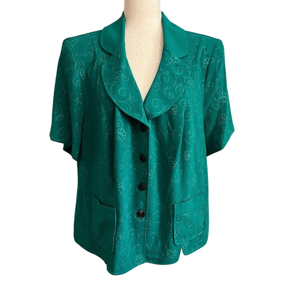 Vintage Prophecy Emerald Green Floral Textured Button Front 90s Blouse 20W Artsy